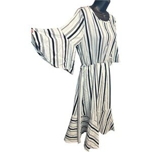FLAMINGO Blue & White Striped Midi 3/4 Bell Slv, Slip on Dress & slip Sz.M